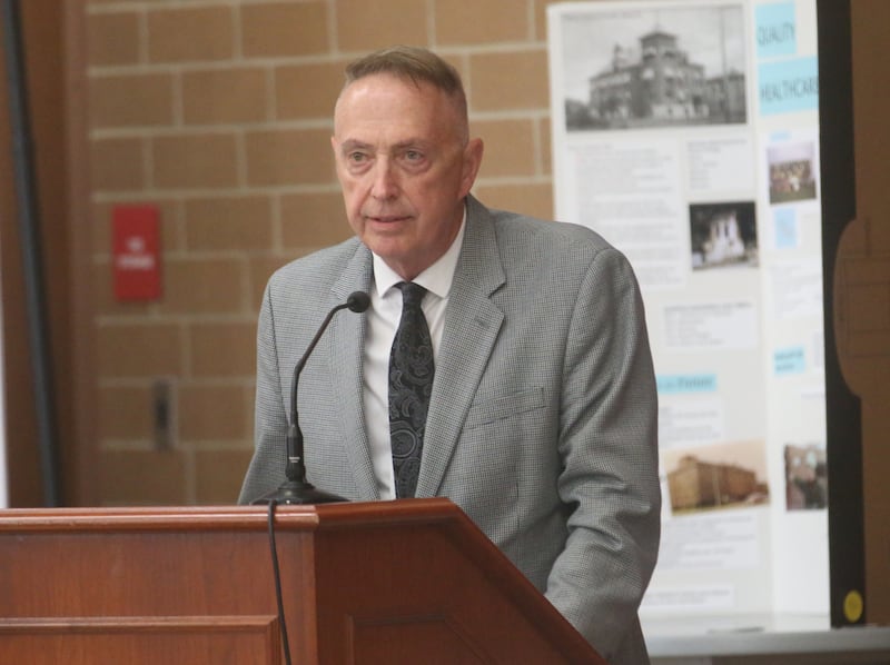 Jay McCracken Ottawa Area Chamber of Commerce excutive director speaks to the Illinois Health Facilities and Services Review Board during a hearing on Thursday, June 13, 2024 at Central Intermediate School in Ottawa.