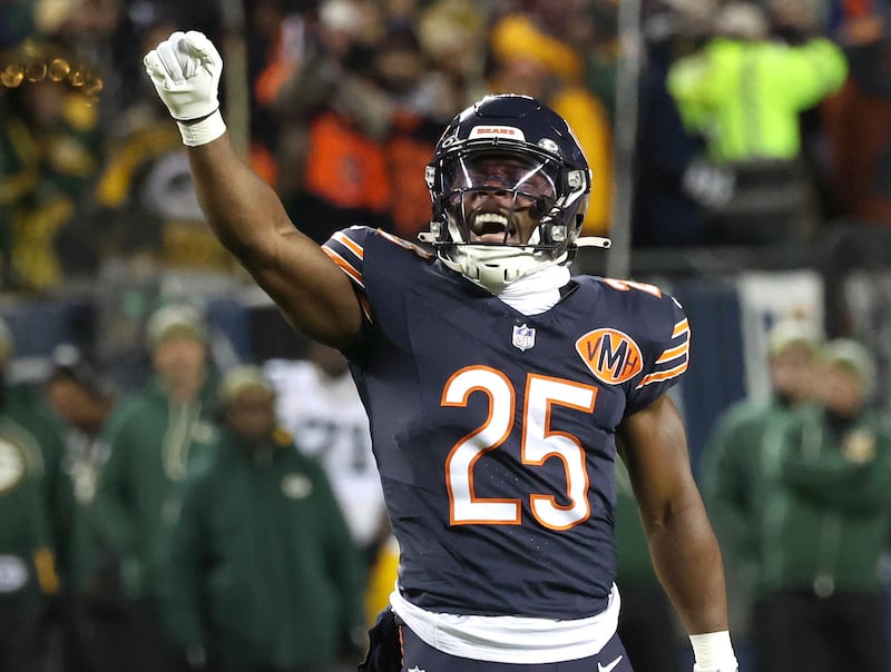 Chicago Bears running back Kyle Monangai celebrates a first down during their NFL Wild Card game against the Green Bay Packers Saturday, Jan. 10, 2026, at Soldier Field in Chicago.