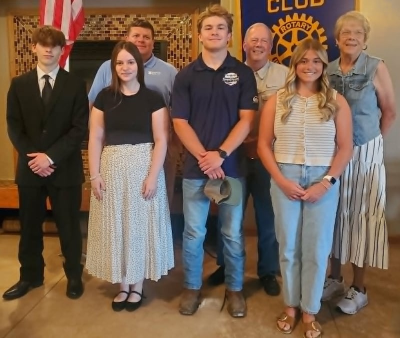 Rotary Club of Princeton scholarship recipients Blake Murray (from left), Elin Workman, Rotary Club of Princeton scholarship committee member Derek Fetzer, Casey Etheridge, committee member Michael Stutzke, Makayla Hecht and committee member Joanne Sheldon. Not pictured are Rotary Club of Princeton scholarship committee members Jeff Dzik and Tracy Gibson