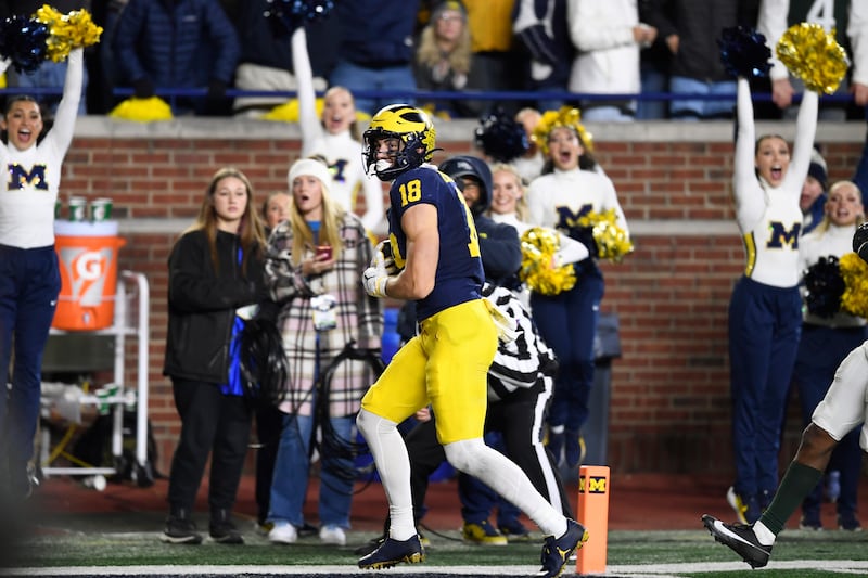 Michigan tight end Colston Loveland hauls in a pass for a touchdown against Michigan State in the second half of an NCAA college football game, Saturday, Oct. 26, 2024, in Ann Arbor, Mich. (AP Photo/Jose Juarez)