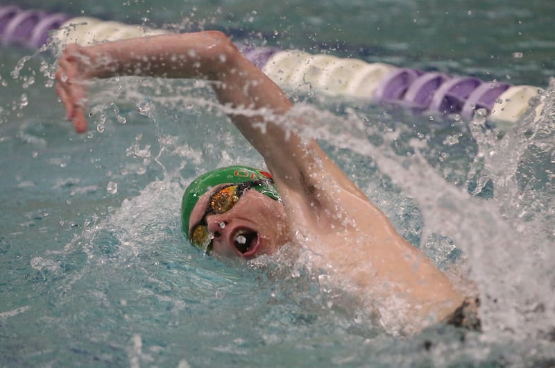 L-P Co-op's Jonathan Neu competes in the 400 yard freestyle event during a triangular meet against Morrison and Olympia on Wednesday, Jan. 22, 2025 at the Illinois Valley YMCA in Peru.