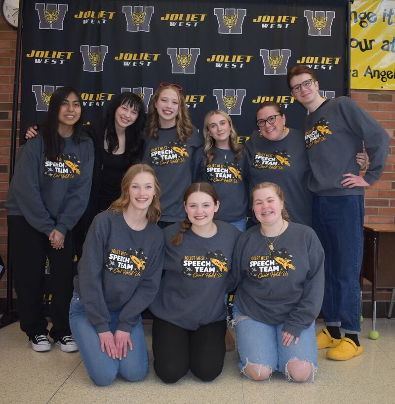 Coaches Kristin Blake and Tony Nardi pose with the Joliet West speech team state qualifiers Kara Duensing, Katie Mongelli, Belle Magosky, Bethany Yanchick, Molly Murdock-Schey, Sariana Mateo, and Calloway Walsh.
Feb. 21, 2025.