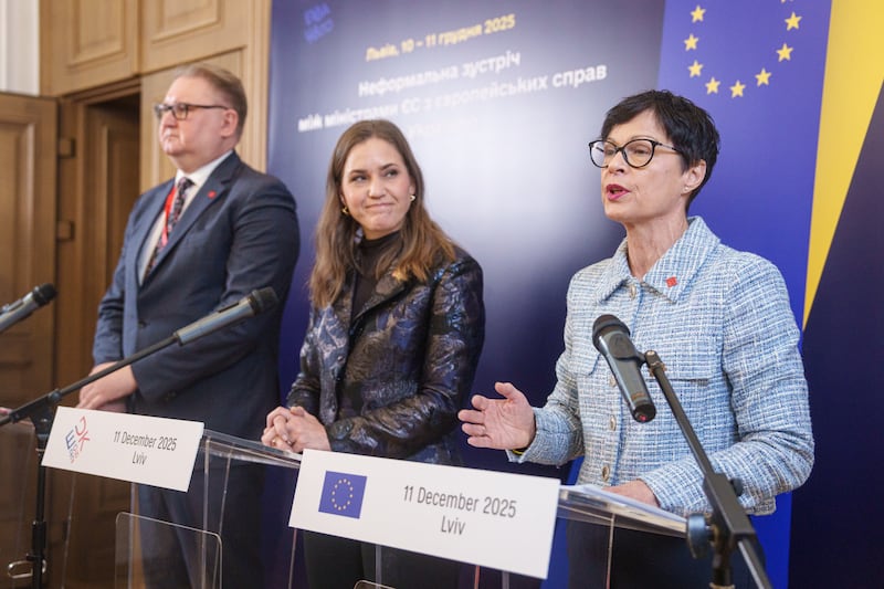 EU Commissioner for Enlargement Marta Kos, right, attends a joint press conference with Ukraine's Deputy Prime Minister for European and Euro-Atlantic Integration of Ukraine Taras Kachka, left, and Marie Bjerre, Danish Minister for European Affairs, after informal meeting of EU ministers for European affairs in Lviv, Ukraine, on Thursday, Dec. 11, 2025. (AP Photo/Evgeniy Maloletka)