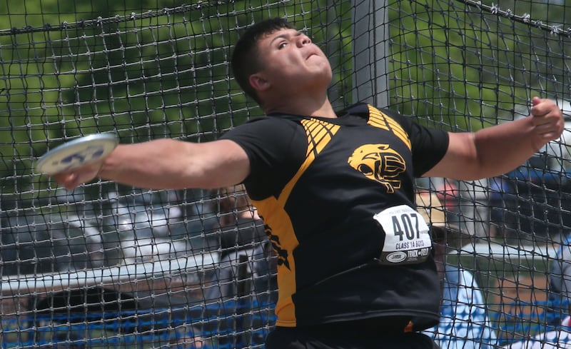 Putnam County's Alex Rodriguez throws discus during the IHSA Class 1A Boys Track & Field State Finals on Saturday, May 31, 2025 at Eastern Illinois University in Charleston.