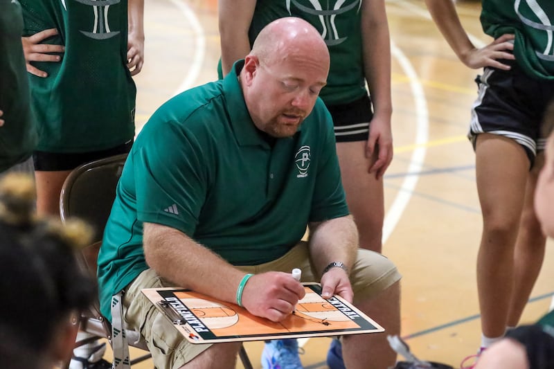 Plainfield Central's head coach Jason Held draws up a play during a timeout in their Morris Shootout girls basketball game. June 18, 2025 in Morris.