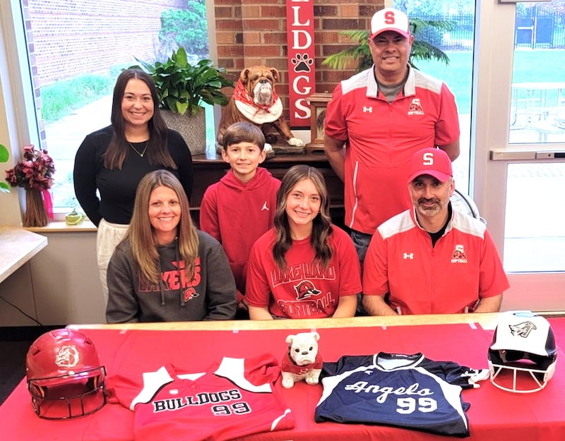 Recent Streator graduate and Times All-Area Softball first-teamer Makenna Ondrey has chosen to continue her education at Lake Land College in Mattoon and her softball career at the NJCAA Division I level with the Lakers. She is pictured here (seated at center) bookended by her parents, Deana Voytko Ondrey and Streator head coach Louis Ondrey, while standing behind are Lexi Ramon, Beau Ondrey and "Zeke" Zavada.