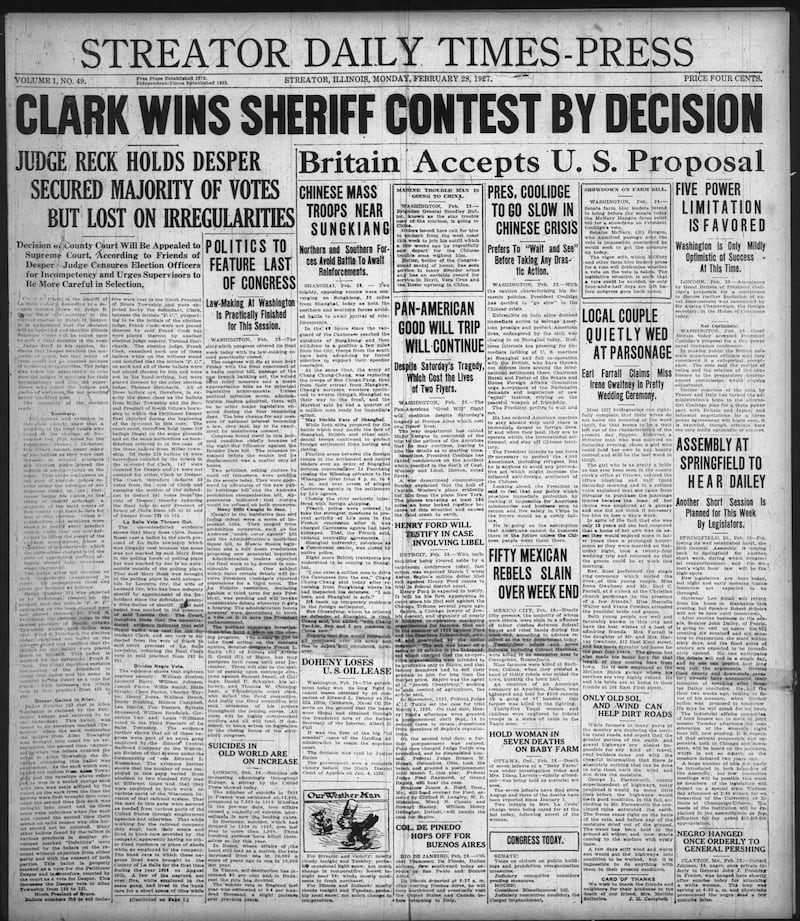 The cover of the Streator Daily Times-Press for Feb. 28, 1927