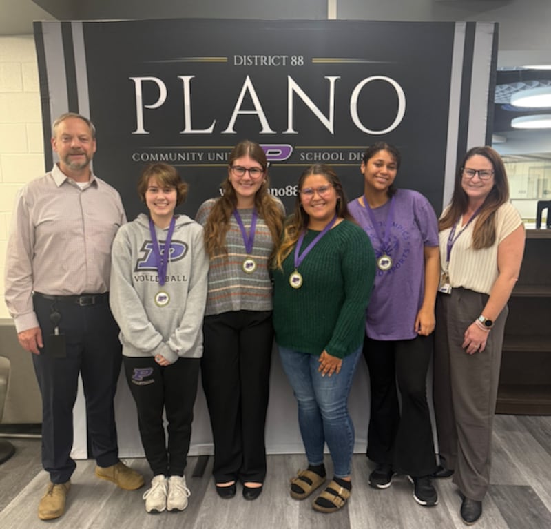 The Plano 88 board celebrated the student-led mentorship program. Pictured, Plano High School principal Mark Heller, Reapers Rise Mentors Ryleigh, Addison and Alex, Kayla. Also pictured, assistant principal Jessica Johnson.