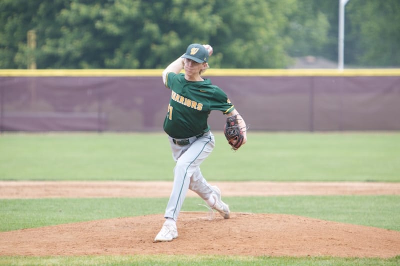 Waubonsie’s Nick Lambert delivers a pitch against Downers Grove North at the Class 4A Sectional Final on Saturday, June 7, 2025 in Lockport.