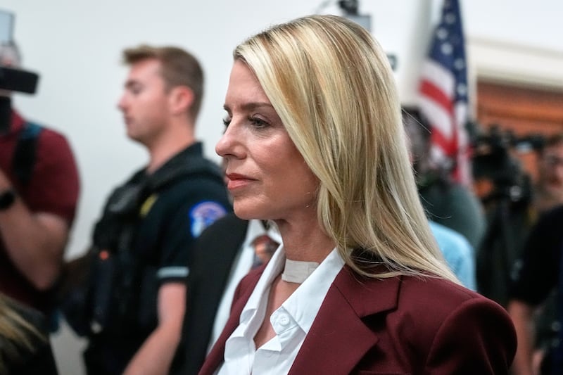 Former Attorney General Pam Bondi arrives for her deposition at the Rayburn House Office Building on Capitol Hill, Friday, May 29, 2026, in Washington. (AP Photo/Manuel Ceneta)