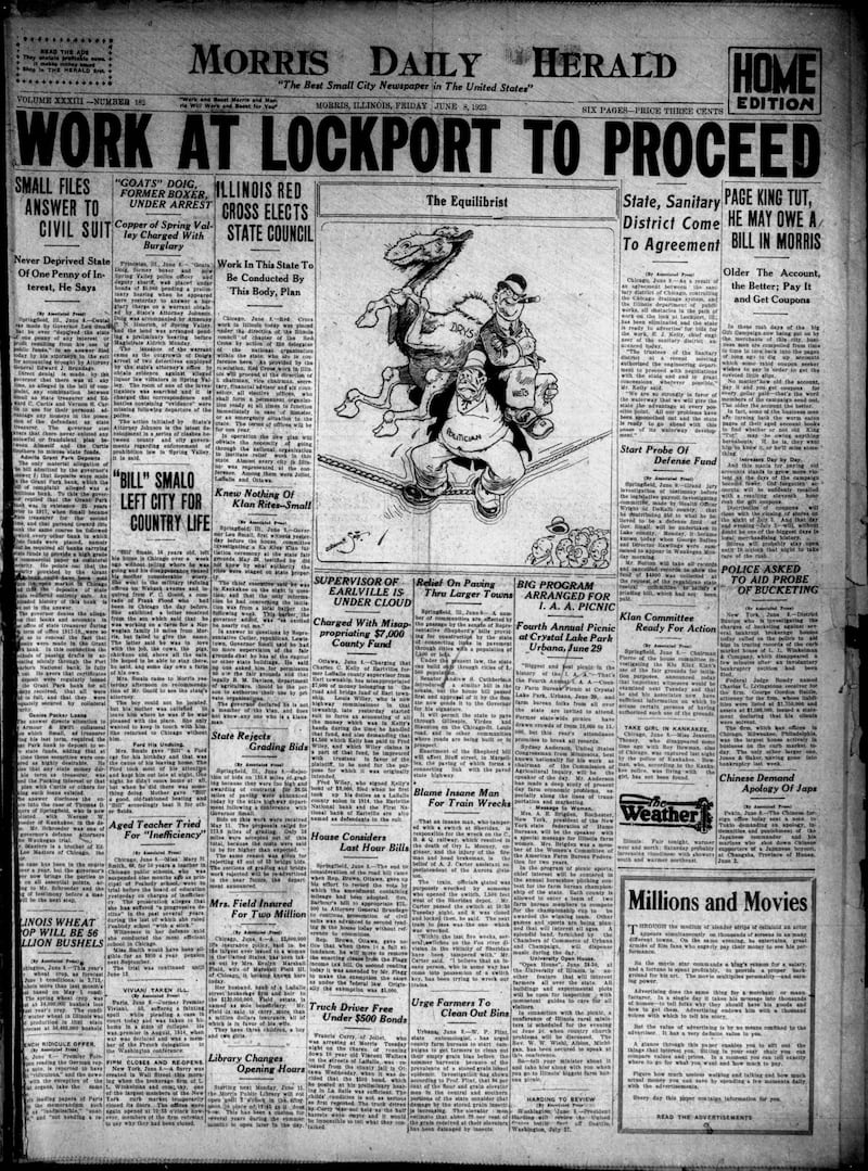 The cover of the Morris Daily Herald for June 8, 1923