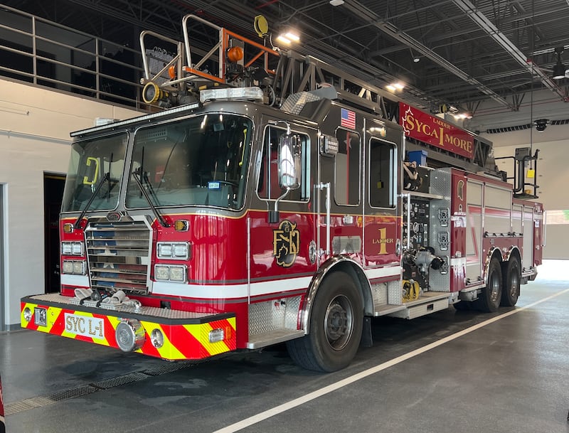 Sycamore Fire Department's ladder truck sits in the bay of Fire Station No. 1 on June 5, 2026, ahead of a public ceremony to celebrate the new facility.