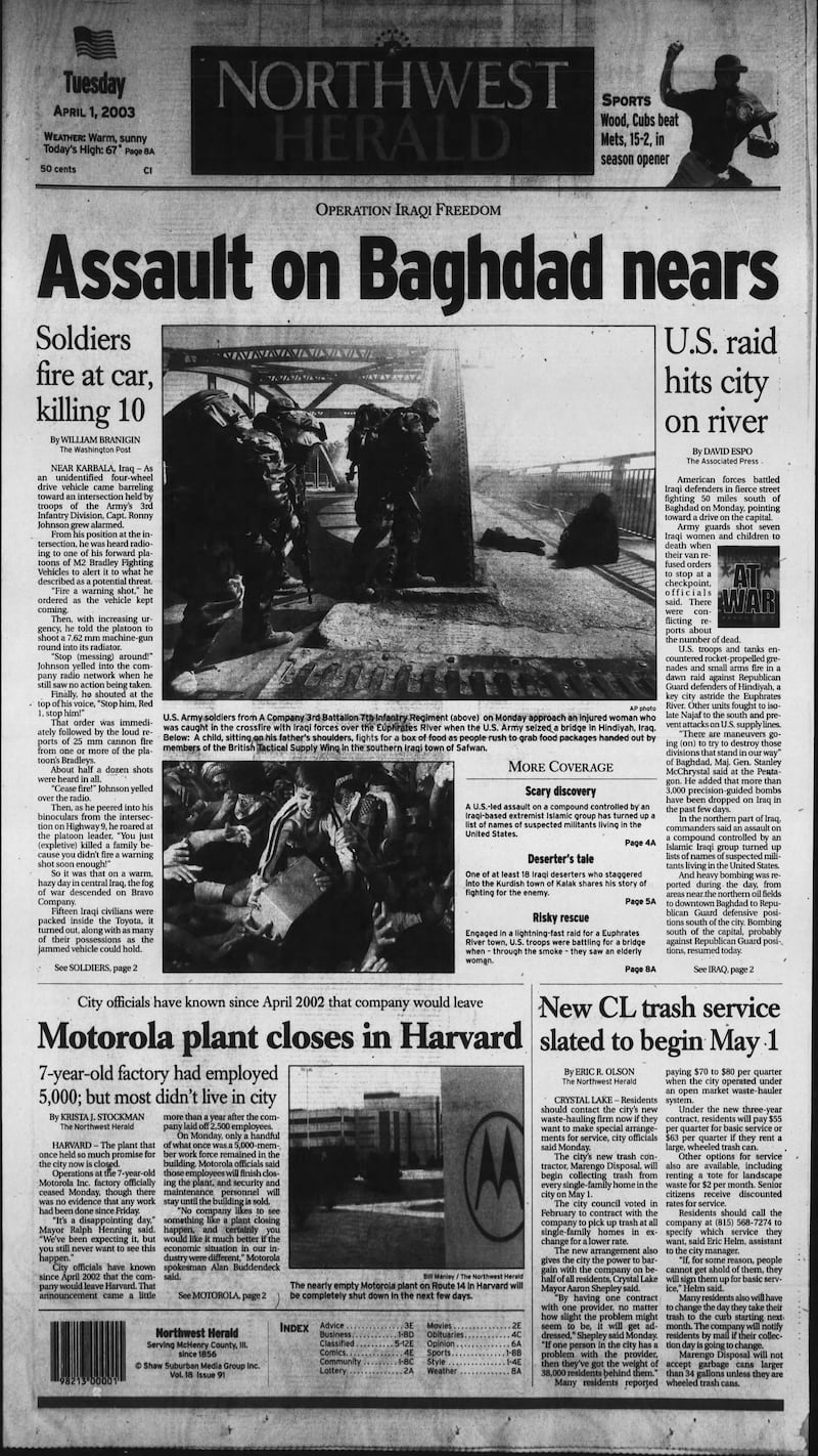 The cover of the Northwest Herald for April 1, 2003