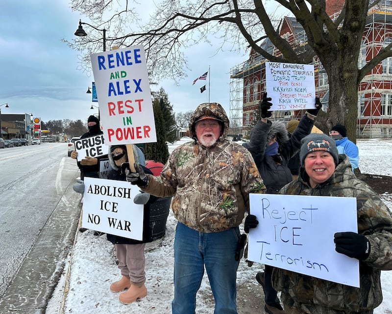 Approximately 120 people attended Indivisible of Ogle County's protest on Sunday, Jan. 25, 2026, in downtown Oregon carrying signs criticizing the Trump administration's deployment of ICE officers in several states and the Saturday shooting death of Alex Pretti by ICE agents in Minneapolis.