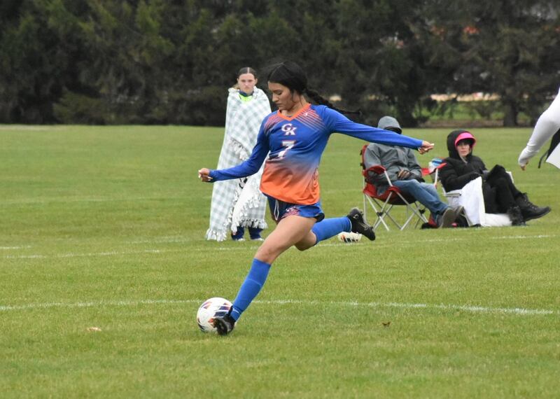 Genoa-Kingston's Jayida Modesto fires a shot in the Cogs' 3-0 win over Rockford Christian on Thursday, April 17, 2025.