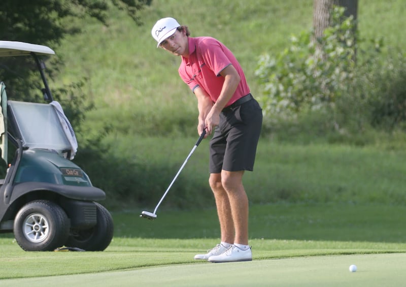 Carson Rowe puts during the Illinois Valley Mens Golf Championship Tournament on Sunday, July 27, 2025 at Spring Creek Golf Course in Spring Valley.