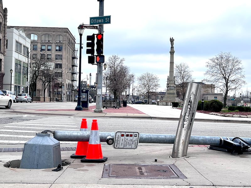A traffic pole that was reportedly damaged by a semitrailer on Friday, April 10, 2026 at the intersection of Ottawa and Jefferson streets near the Will County Courthouse.
