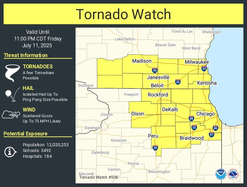 A tornado watch is in effect until 11 p.m. Friday, July 11.