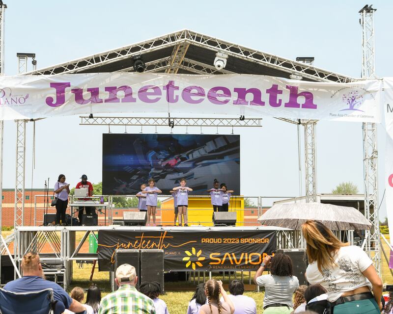 Yorkville’s step team preforms during the Juneteenth celebration on Saturday June 17, 2023 held at Emily G. Johns School in Plano.