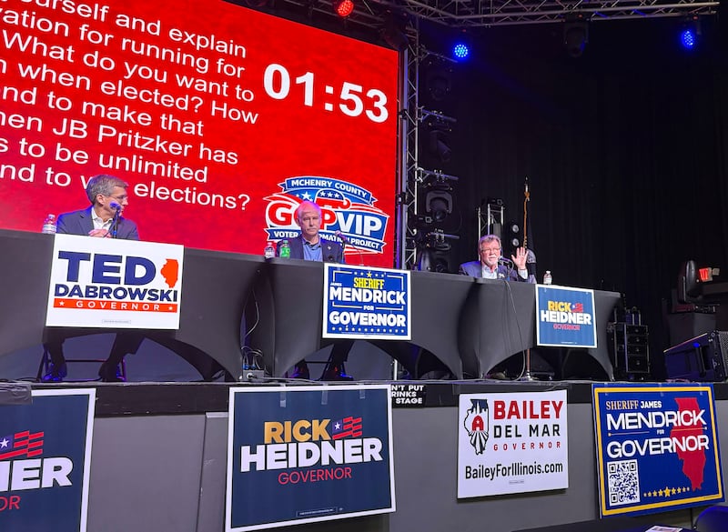 Gubernatorial candidate Rick Heidner, right, speaks at a McHenry County GOP Voter Information Project forum Jan. 25, 2026.