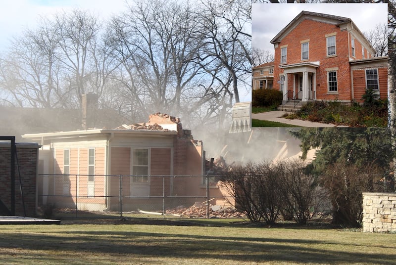 Despite efforts by local preservation backers, the demolition of the Academy Building in Crystal Lake was completed on Jan. 13, 2026. The building, shown inset in 2024 and also known as the Tarpley House or the Gates House, was built in the 1850s.