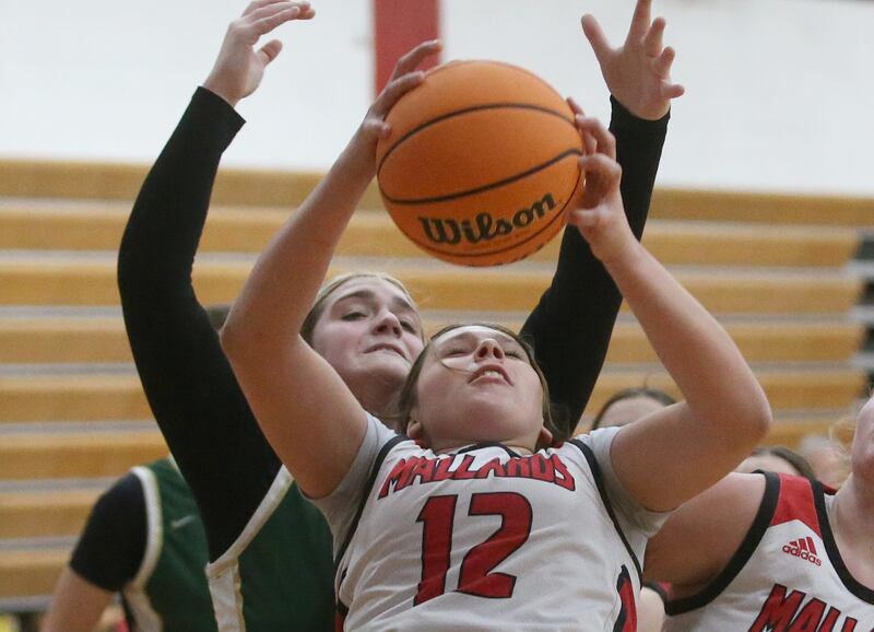 Henry-Senachwine's Kaitlyn Anderson grabs a rebound over St. Bede's Savannah Bray on Thursday, Jan. 30, 2025 at Henry-Senachwine High School.