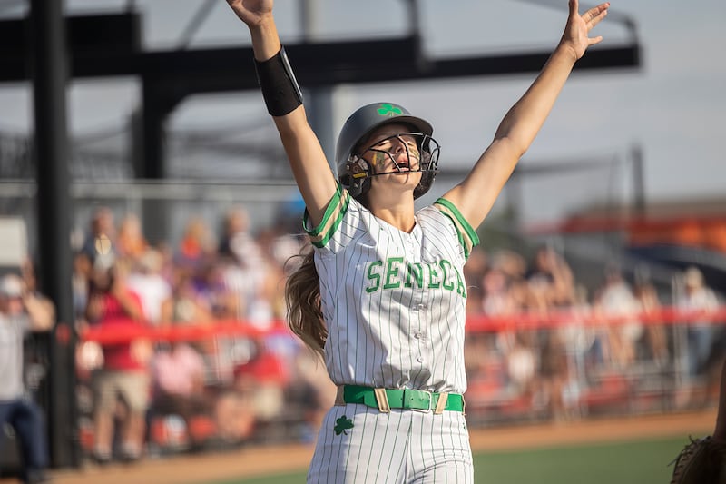 Seneca’s Graysen Provance scores the go ahead run against IC Catholic Thursday, June 4, 2026, in the Class 2A softball semifinal in Peoria.