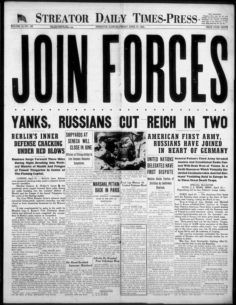 The cover of the Streator Daily Times-Press for April 27, 1945