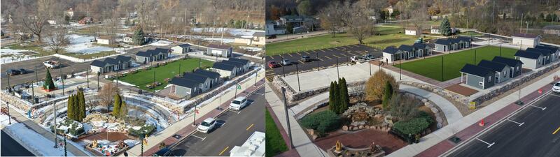 An aerial view of Market on Mill on Wednesday, Dec. 17, 2025 (left) and Nov. 14, 2024 (right) downtown Utica. A warm change in the weather pattern will bring unseasonabiy temperatures of close to 50 degrees by Christmas.