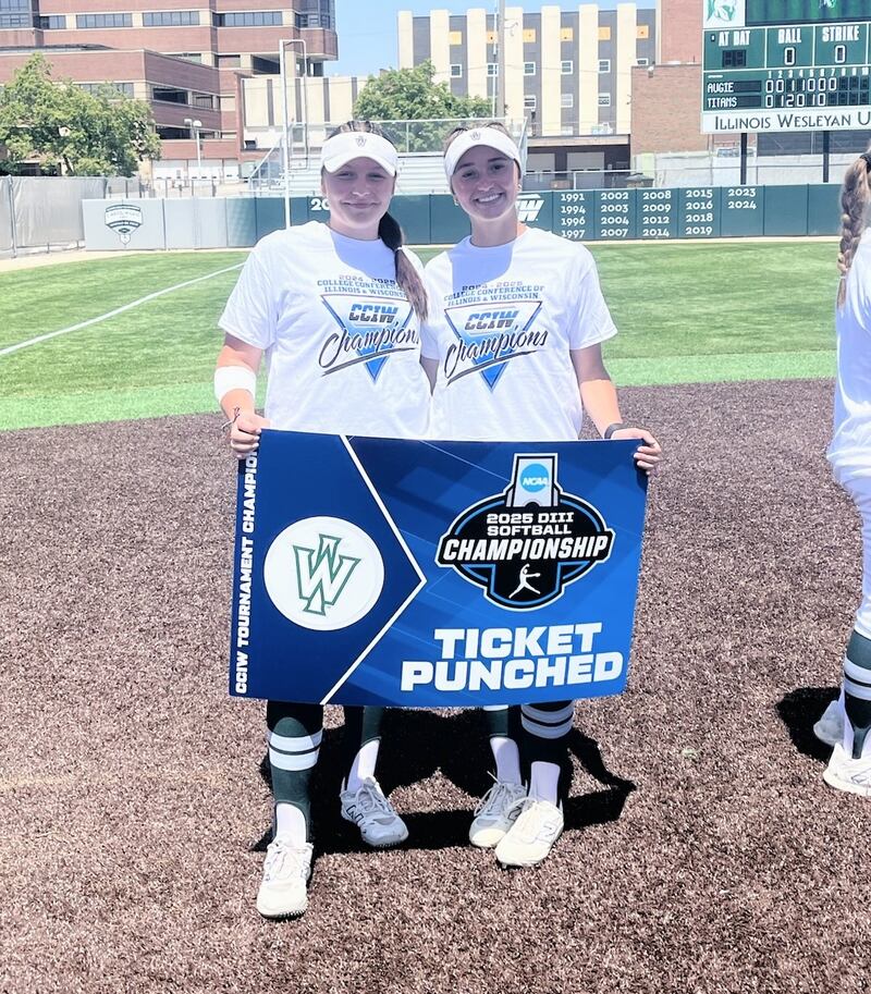 St. Bede alums Bella Pinter (left) and Ella Hermes took part in Illinois Wesleyan's CCIW tournament championship on Saturday in Bloomington. The Titans earned the conference’s automatic bid to the NCAA Division III Softball Tournament.