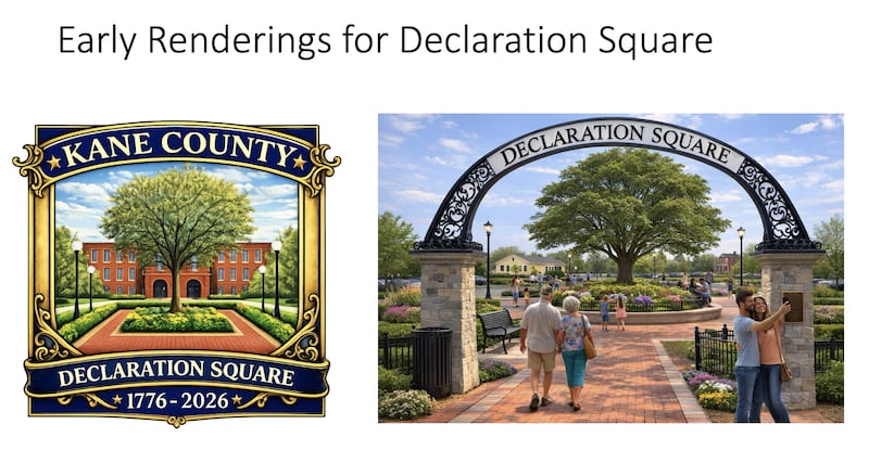 Early renderings from Wight & Company for the now-defunct Declaration Square, as proposed for a portion of the the parking lot at the Kane County Courthouse, 100 S. Third St., Geneva. The Elias Kent Kane Chapter of the Daughters of the American Revolution had planned to donate a Liberty Elm to mark the nation's 250th anniversary. They withdrew the offer and they gave the tree to St. Charles instead.