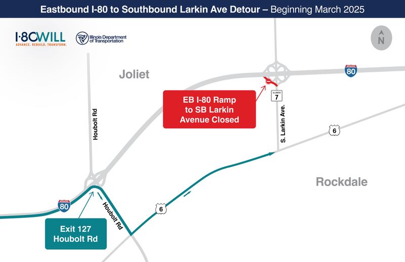 Lane closures along Interstate 80 in Joliet coming Tuesday and Thursday, March 18 and March 20, 2025, the Illinois Department of Transportation announced Monday.