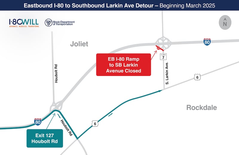 Lane closures along Interstate 80 in Joliet coming Tuesday and Thursday, March 18 and March 20, 2025, the Illinois Department of Transportation announced Monday.