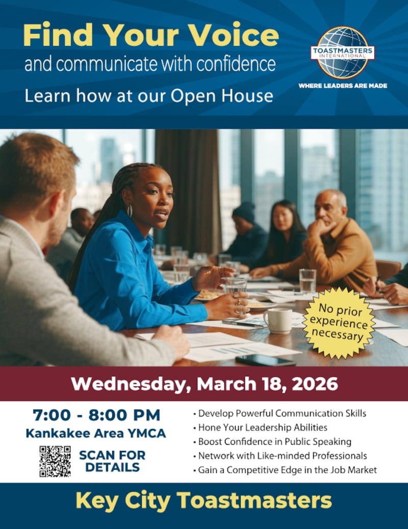 The flyer for the upcoming Key City Toastmasters open house on Wednesday, March 18, 2026.