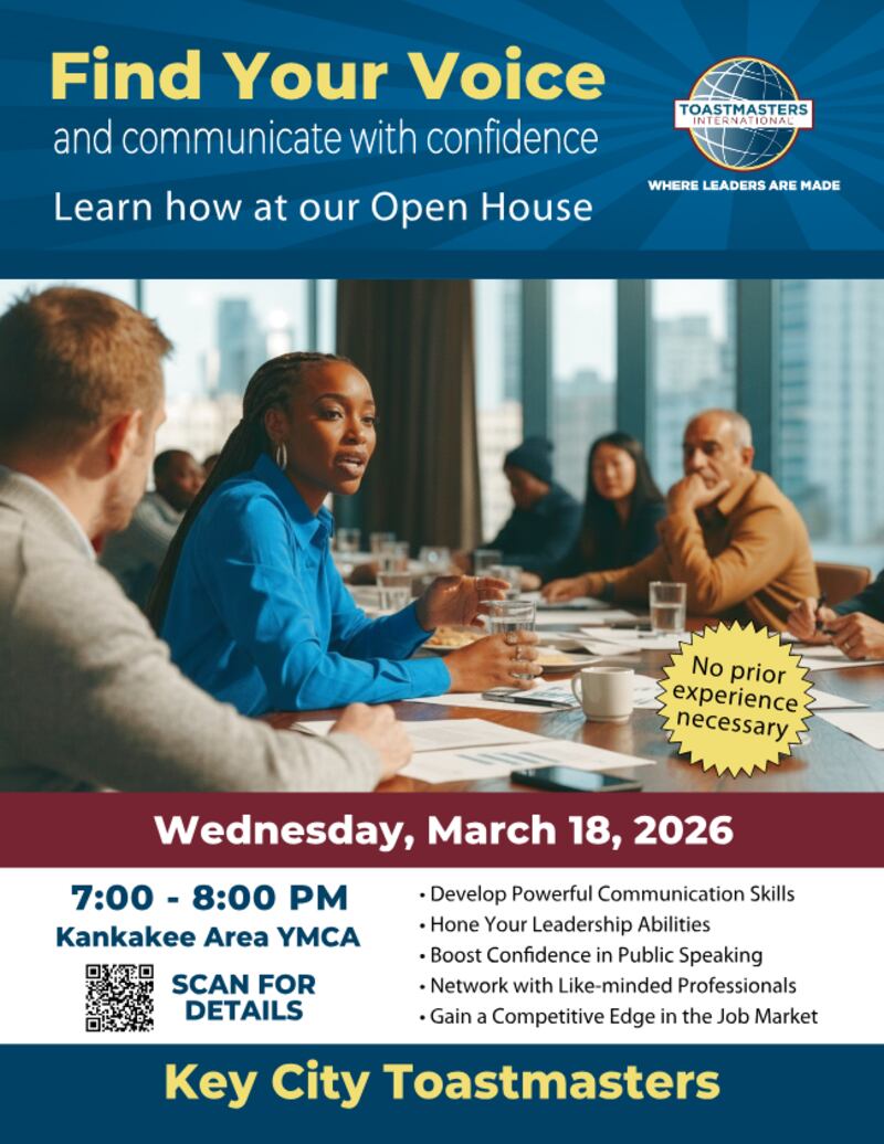 The flyer for the upcoming Key City Toastmasters open house on Wednesday, March 18, 2026.