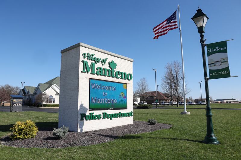 A sign at the Manteno Police Department welcomes people to the village of Manteno.