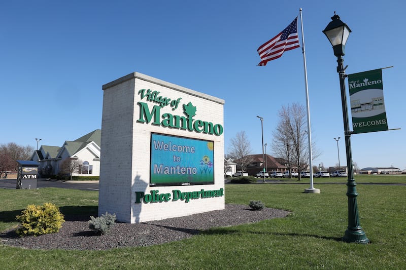 A sign at the Manteno Police Department welcomes people to the village of Manteno.