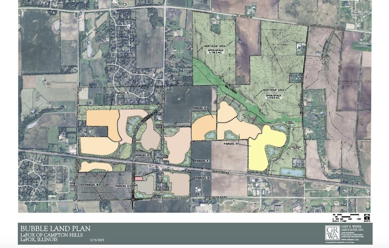 The yellow and beige areas are proposed for annexation to Campton Hills as a new development, LaFox of Campton Hills, to be built by Geneva developers Shodeen Group. A public hearing is scheduled for 7 p.m. June 26.