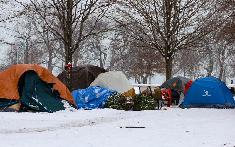 Tents are pictured near Montrose Beach in Chicago. Dozens of homeless encampments dot the city's lakefront parks.
