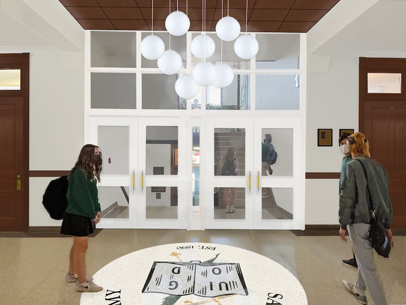 A rendering depicts the updated first floor main historic stairwell and hallway entrance at St. Bede Academy in Peru.