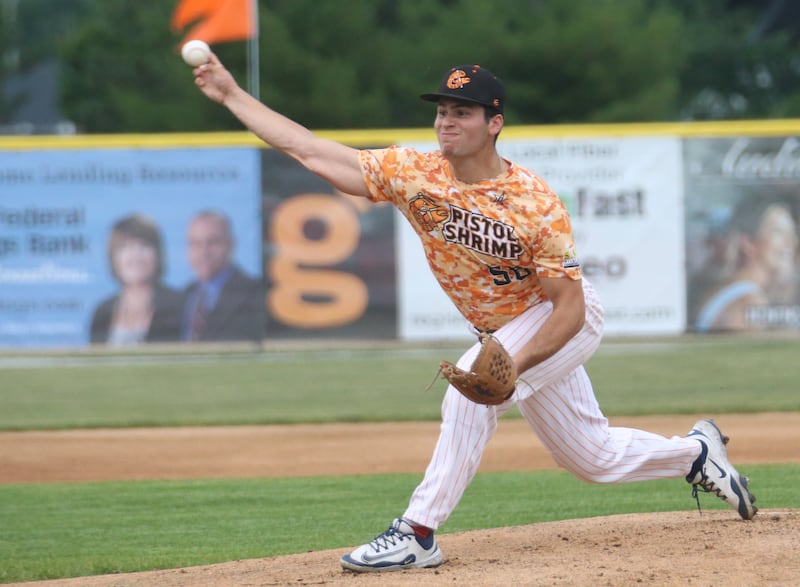 Pistol Shrimp's Josh Katz lets go of a throw to Burlington on Tuesday, June 17, 2025 at Schwieckert Stadium in Peru.