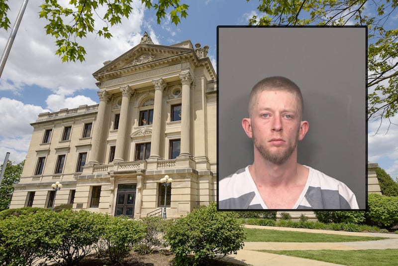 Dominic G. Larson, of DeKalb, was charged on Feb. 25, 2026, with first-degree murder in the beating death of his 5-month-old son, court records show. (Inset photo provided by DeKalb Police Department)