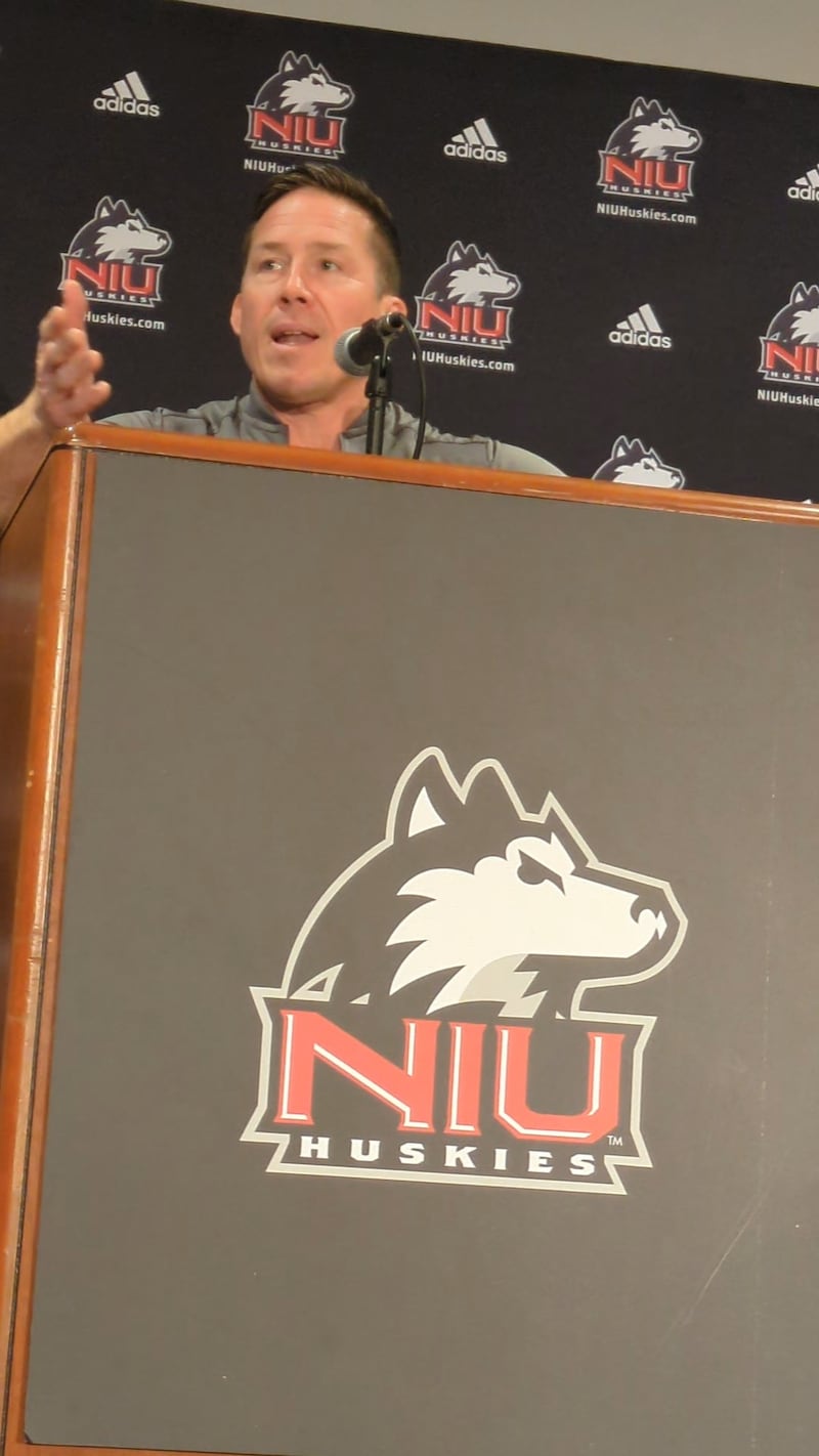 Wrestling coach Ryan Ludwig speaks at NIU's media day for winter sports on Thursday, October 24, 2024.