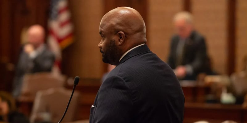 Sen. Elgie Sims, D-Chicago, debates Sen. Dave Syverson, R-Cherry Valley, on the Senate floor before the chamber approved the fiscal year 2027 budget.