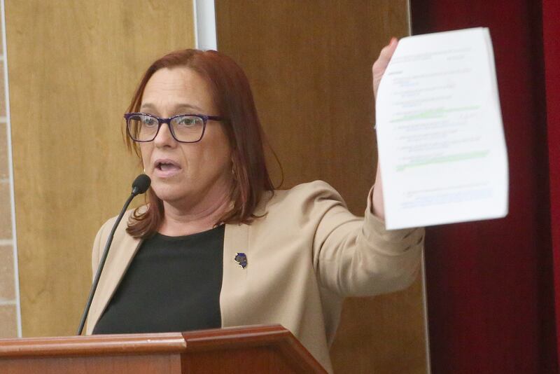 State Rep. Amy “Murri” Briel, D-Ottawa, speaks to the Illinois Health Facilities and Services Review Board during a public hearing regarding OSF St. Elizabeth Hospital's plans to reduce services on Tuesday, June 10, at Central Intermediate School in Ottawa.