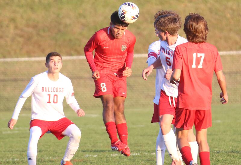 L-P's Alex Rax, puts a header on the ball while playing Streator during the Class 2A Regional semifinal game on Monday, Oct. 20, 2025 at Ottawa High School.