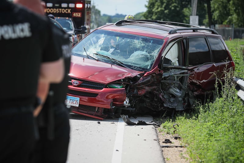 The Marengo Fire & Rescue Districts respond to a three-vehicle crash that injured two people July 27, 2025 along Route 23 near Marengo.