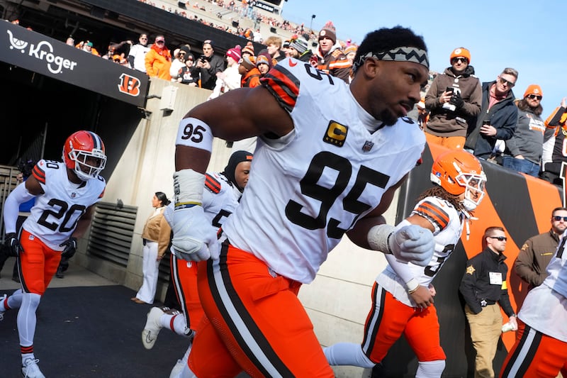 Cleveland Browns defensive end Myles Garrett (95) jogs out of the tunnel prior to an NFL football game against the Cincinnati Bengals Sunday, Jan. 4, 2026, in Cincinnati. (AP Photo/Jeff Dean)