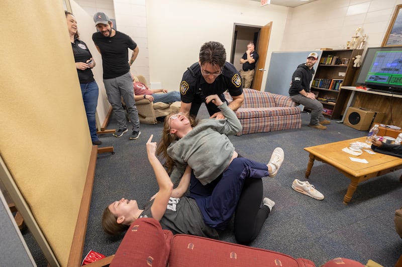 Sauk Valley Police Academy cadets respond to a scene of a fight in progress during training Tuesday, Feb. 17, 2026, at Sauk Valley Community College. Local departments praise having the academy local.