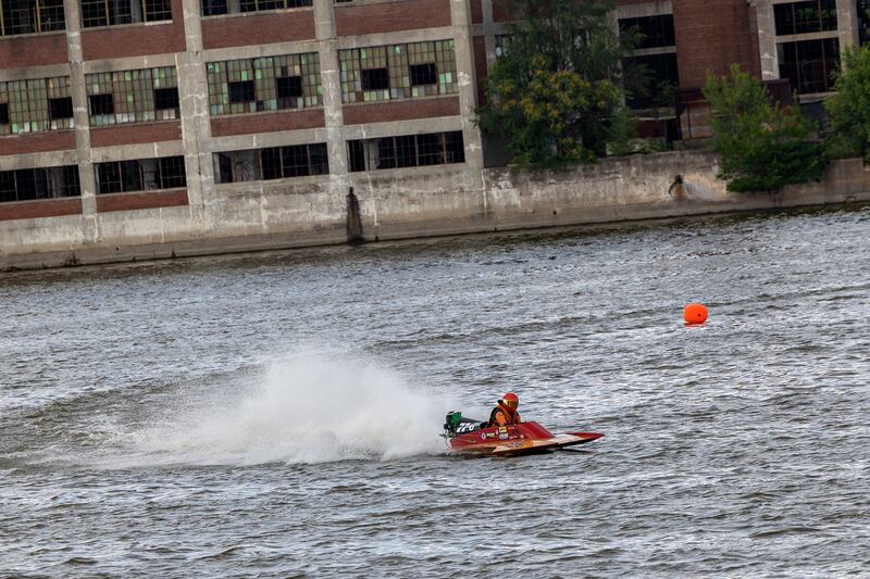 Steve Johnson makes hits the throttle in turn two Saturday, July 12, 2025, during a heat at Rock Falls’ River Chase held at Sewards Park in Rock Falls.